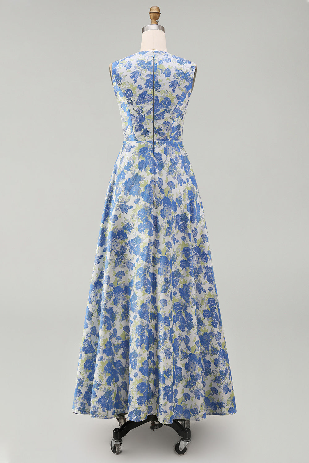 Floral A Line Blue Round Neck Wedding Guest Dress with Pockets