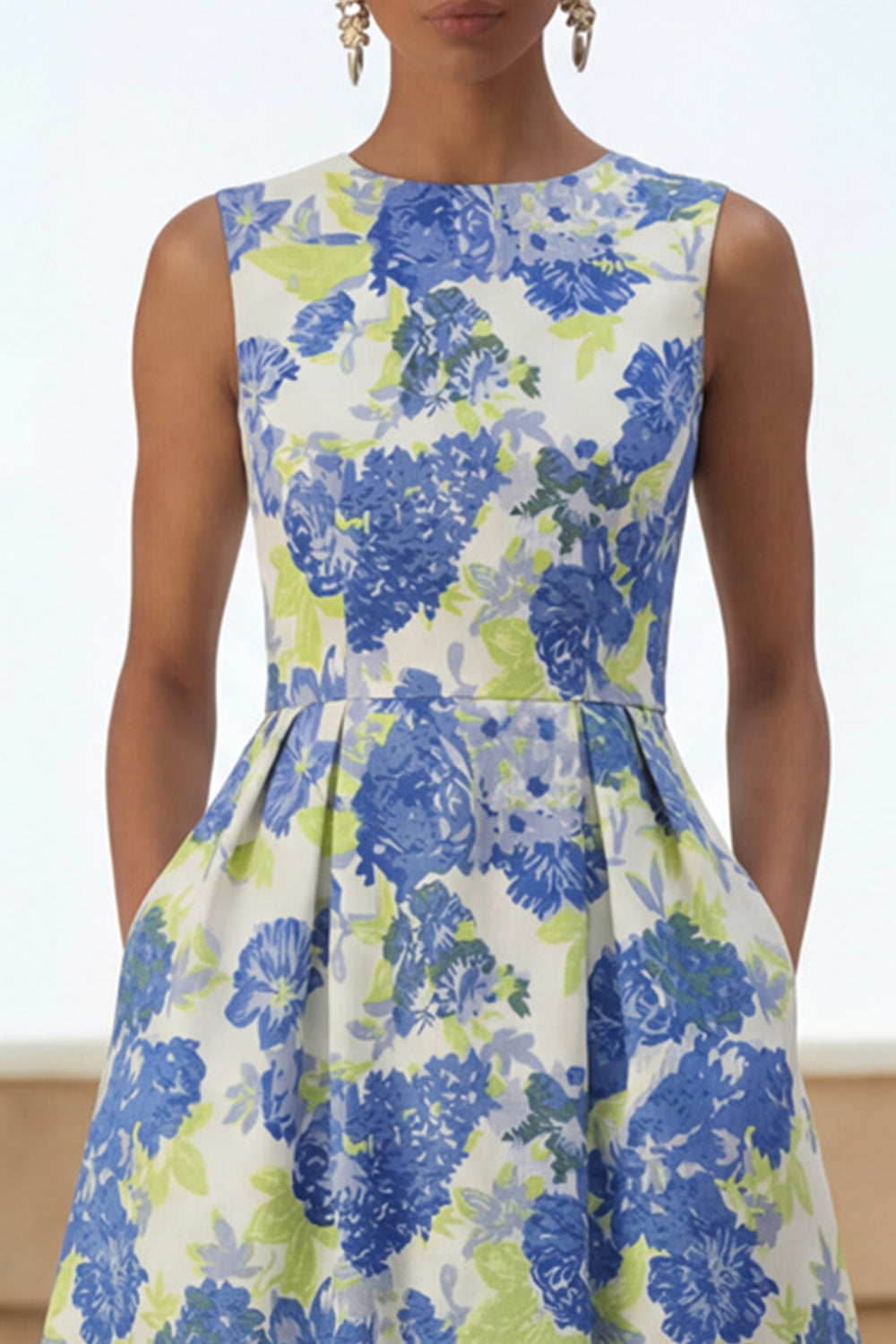 Floral A Line Blue Round Neck Wedding Guest Dress with Pockets