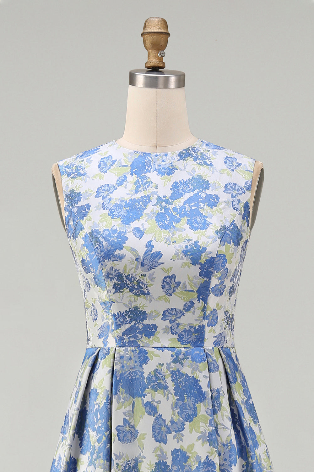 Floral A Line Blue Round Neck Wedding Guest Dress with Pockets