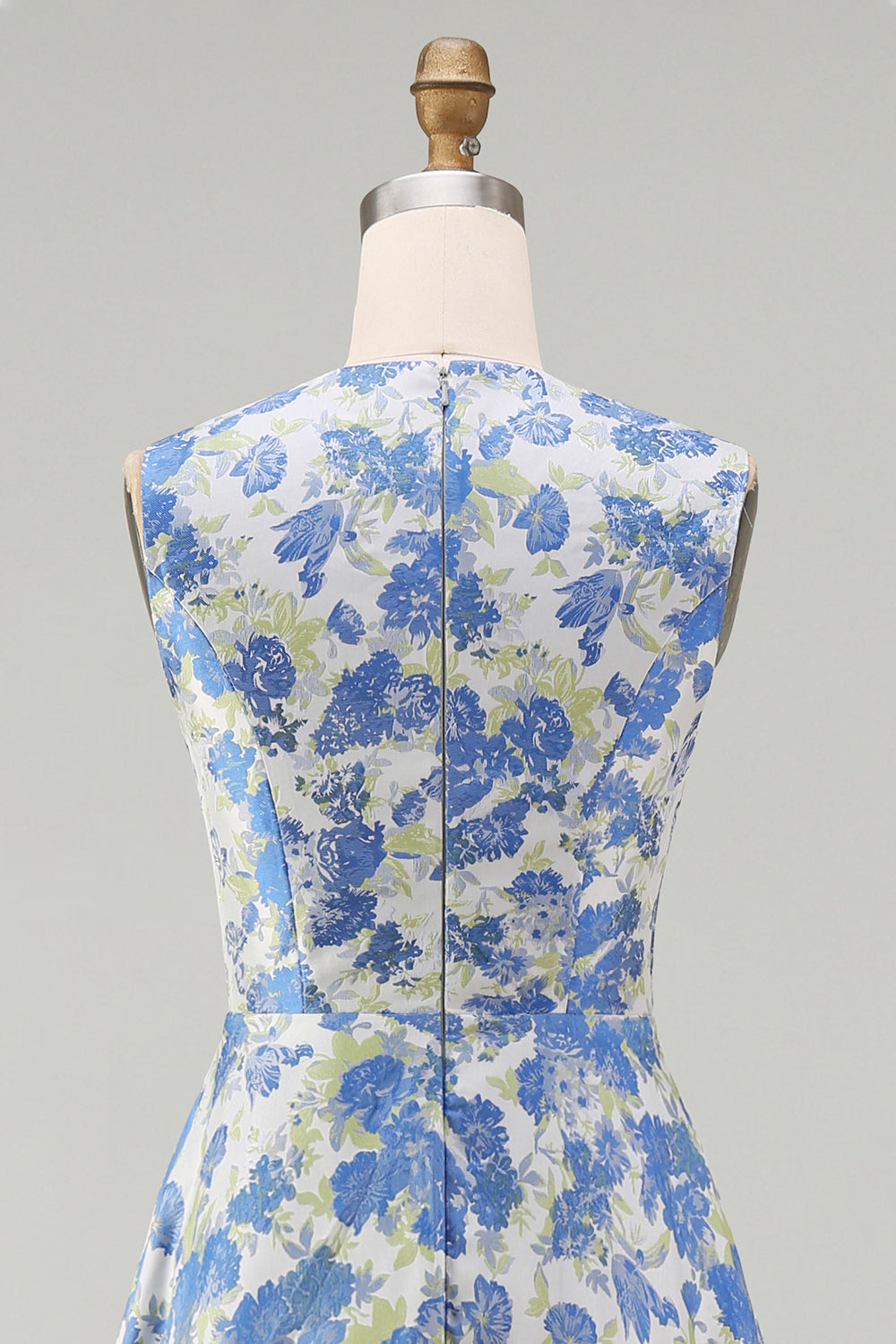 Floral A Line Blue Round Neck Wedding Guest Dress with Pockets