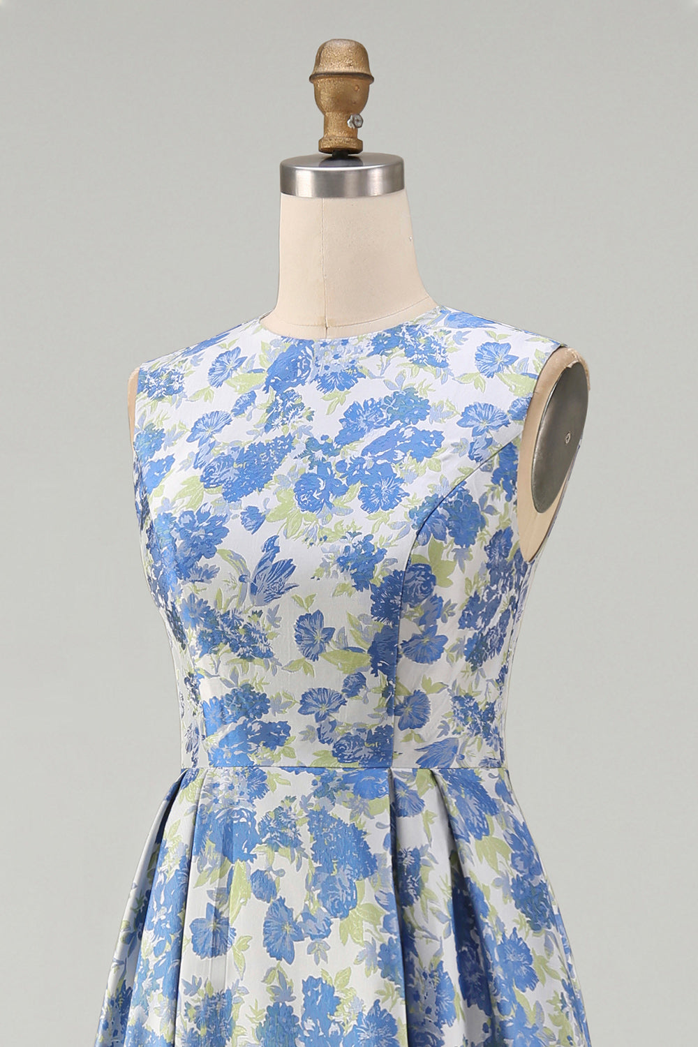 Floral A Line Blue Round Neck Wedding Guest Dress with Pockets