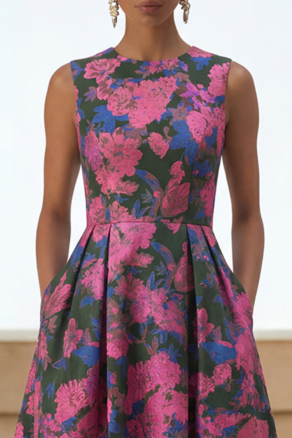 Fuchsia Floral A Line Round Neck Wedding Guest Dress