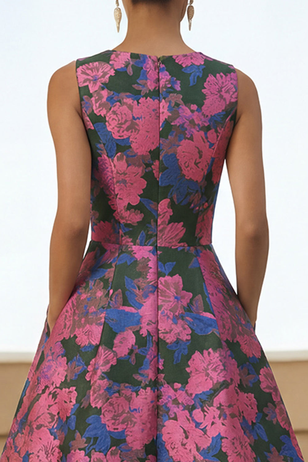 Fuchsia Floral A Line Round Neck Wedding Guest Dress