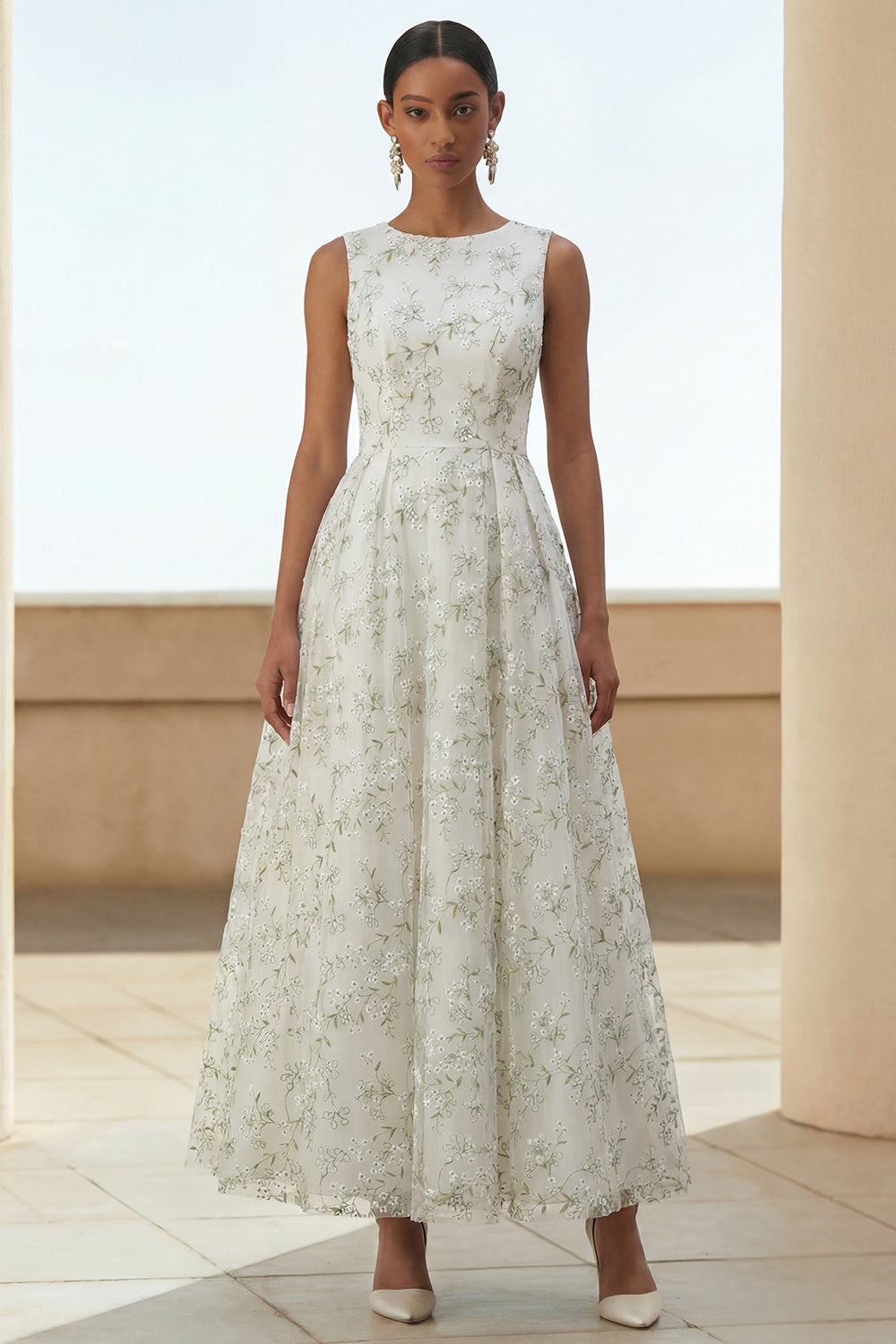 Light Green Floral A Line Wedding Guest Dress with Pockets