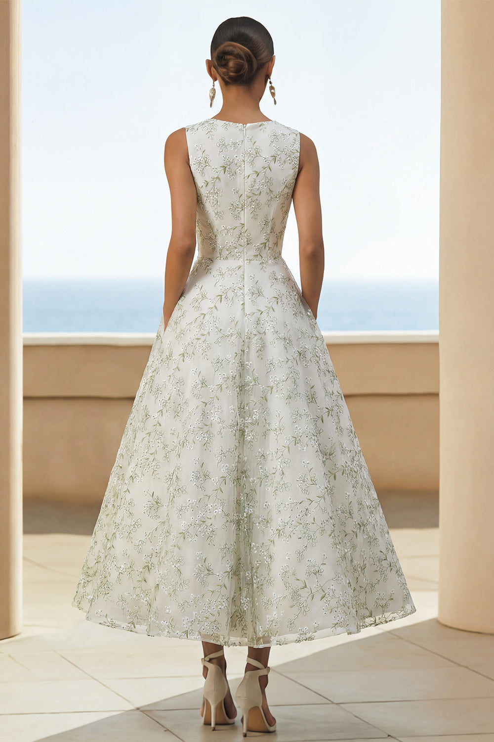 Light Green Floral A Line Wedding Guest Dress with Pockets
