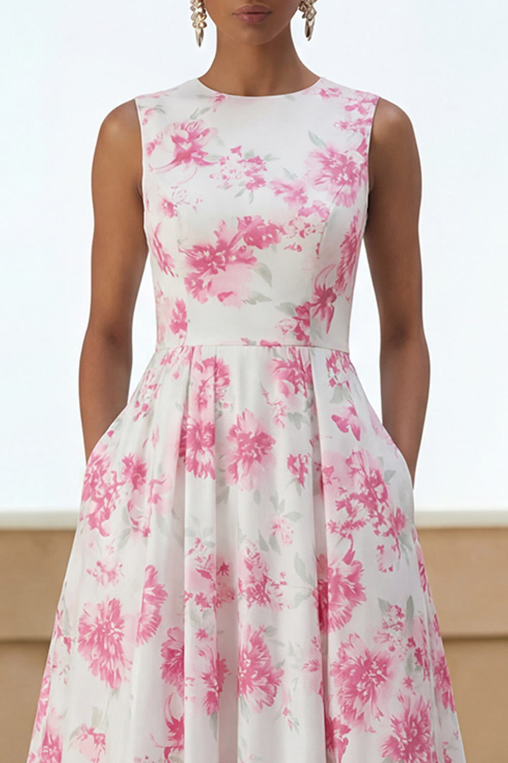 Floral White A Line Wedding Guest Dress with Pockets