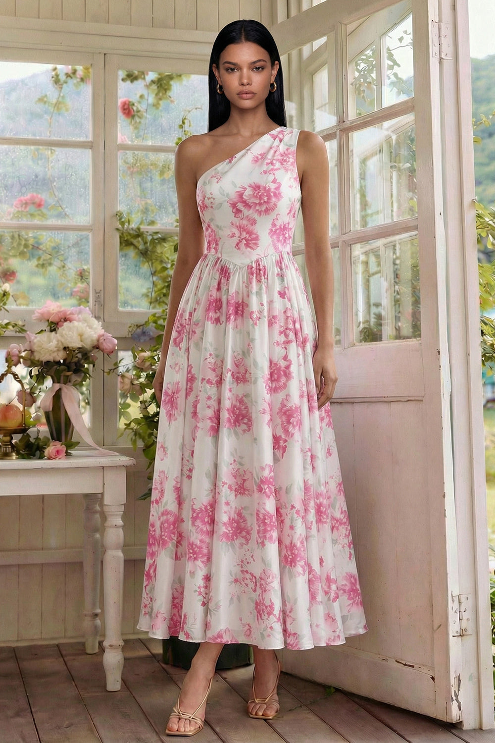 One Shoulder Floral White A Line Wedding Guest Dress