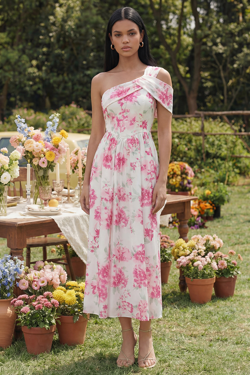 One Shoulder Floral White A Line Midi Wedding Guest Dress