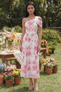 One Shoulder Floral White A Line Midi Wedding Guest Dress
