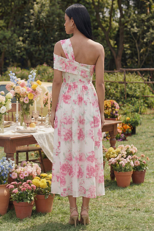 One Shoulder Floral White A Line Midi Wedding Guest Dress