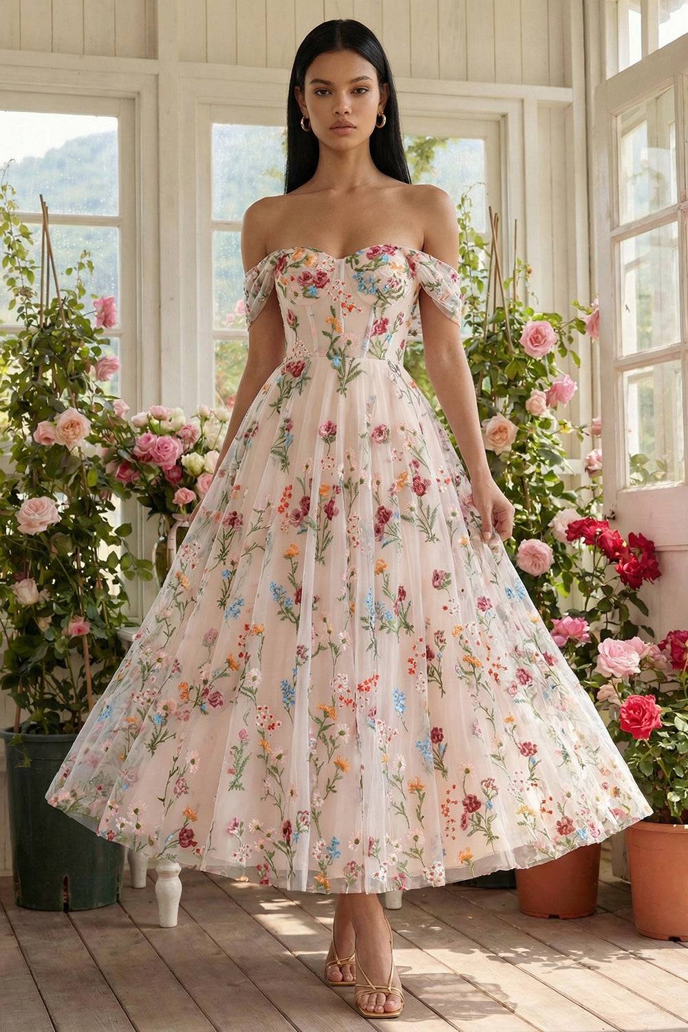 Off the Shoulder Floral Black A Line Wedding Guest Dress