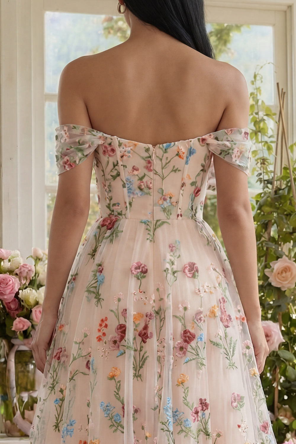 Off the Shoulder Floral Black A Line Wedding Guest Dress