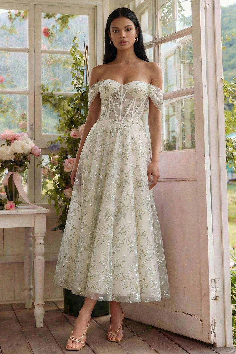 Off the Shoulder Corset Light Green Floral A Line Wedding Guest Dress