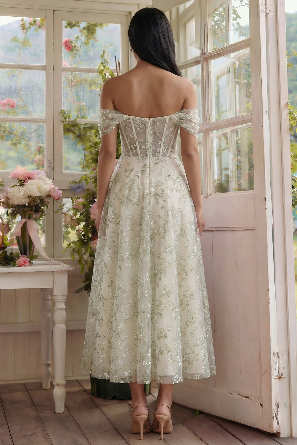 Off the Shoulder Corset Light Green Floral A Line Wedding Guest Dress