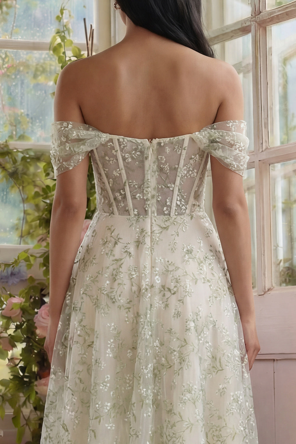 Off the Shoulder Corset Light Green Floral A Line Wedding Guest Dress