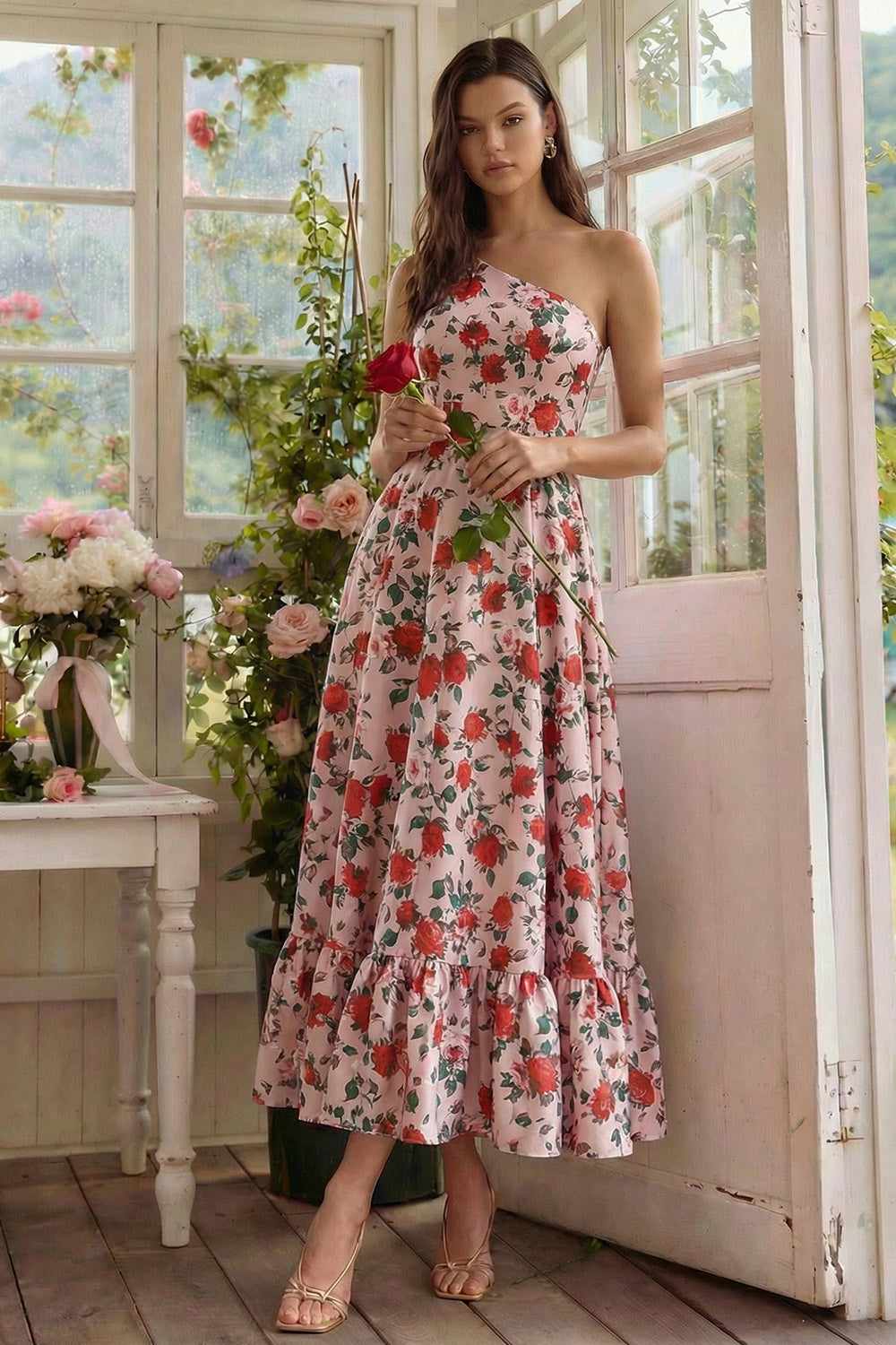 Floral One Shoulder Pink A Line Wedding Guest Dress