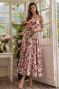 Floral One Shoulder Pink A Line Wedding Guest Dress