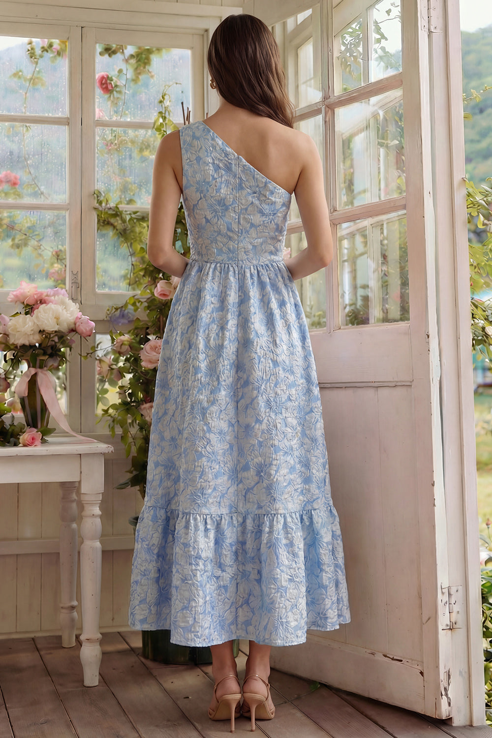 Blue Floral One Shoulder A Line Wedding Guest Dress