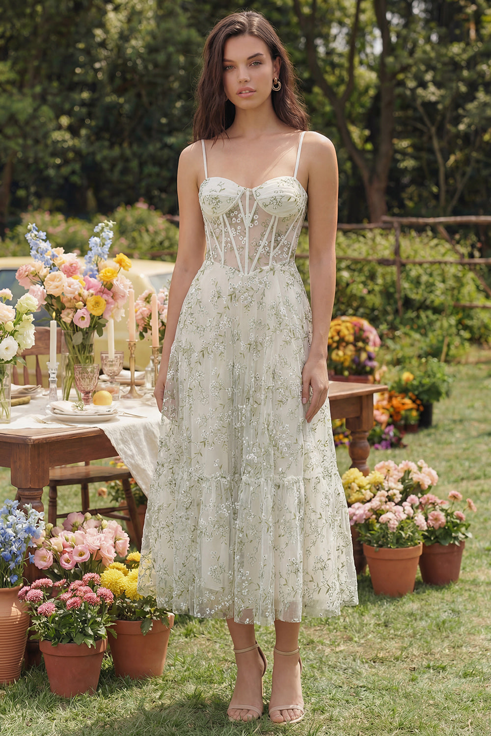 Floral Corset Light Green A Line Wedding Guest Dress