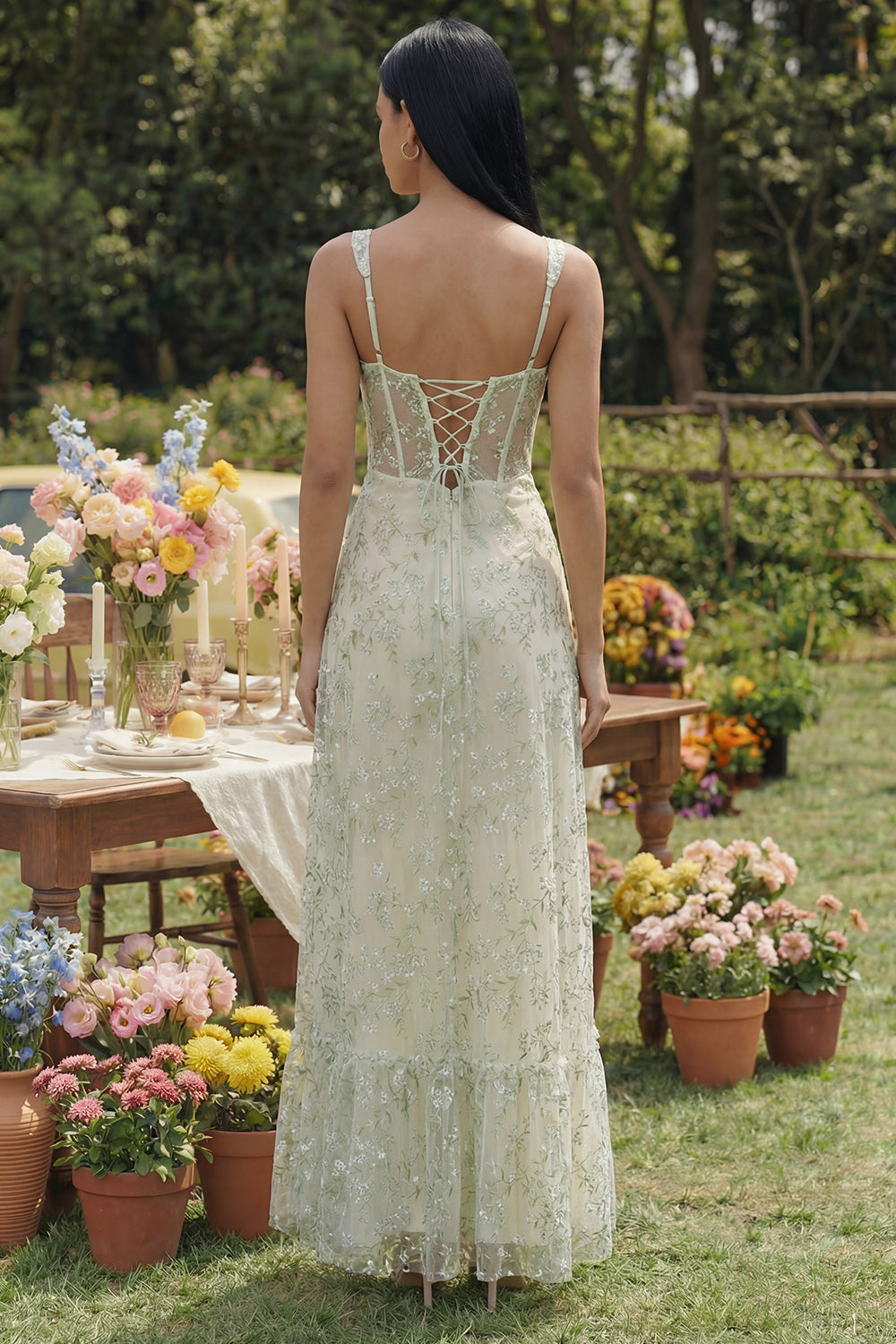 Floral Corset Light Green A Line Wedding Guest Dress with Slit
