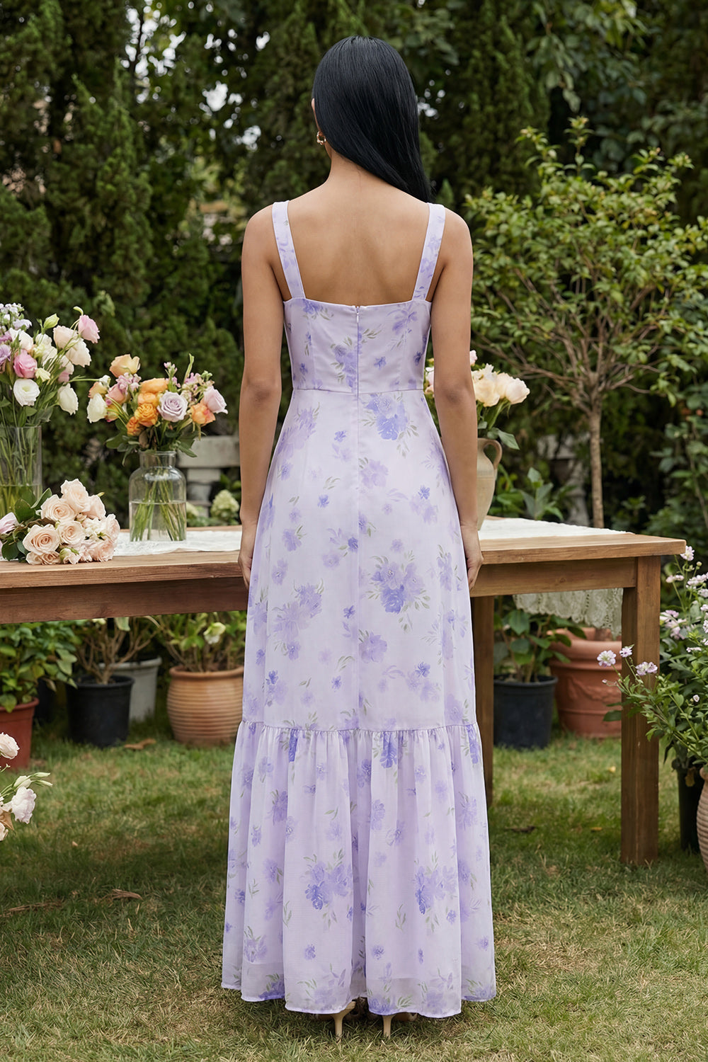 Floral Lilac A Line Maxi Wedding Guest Dress with Slit