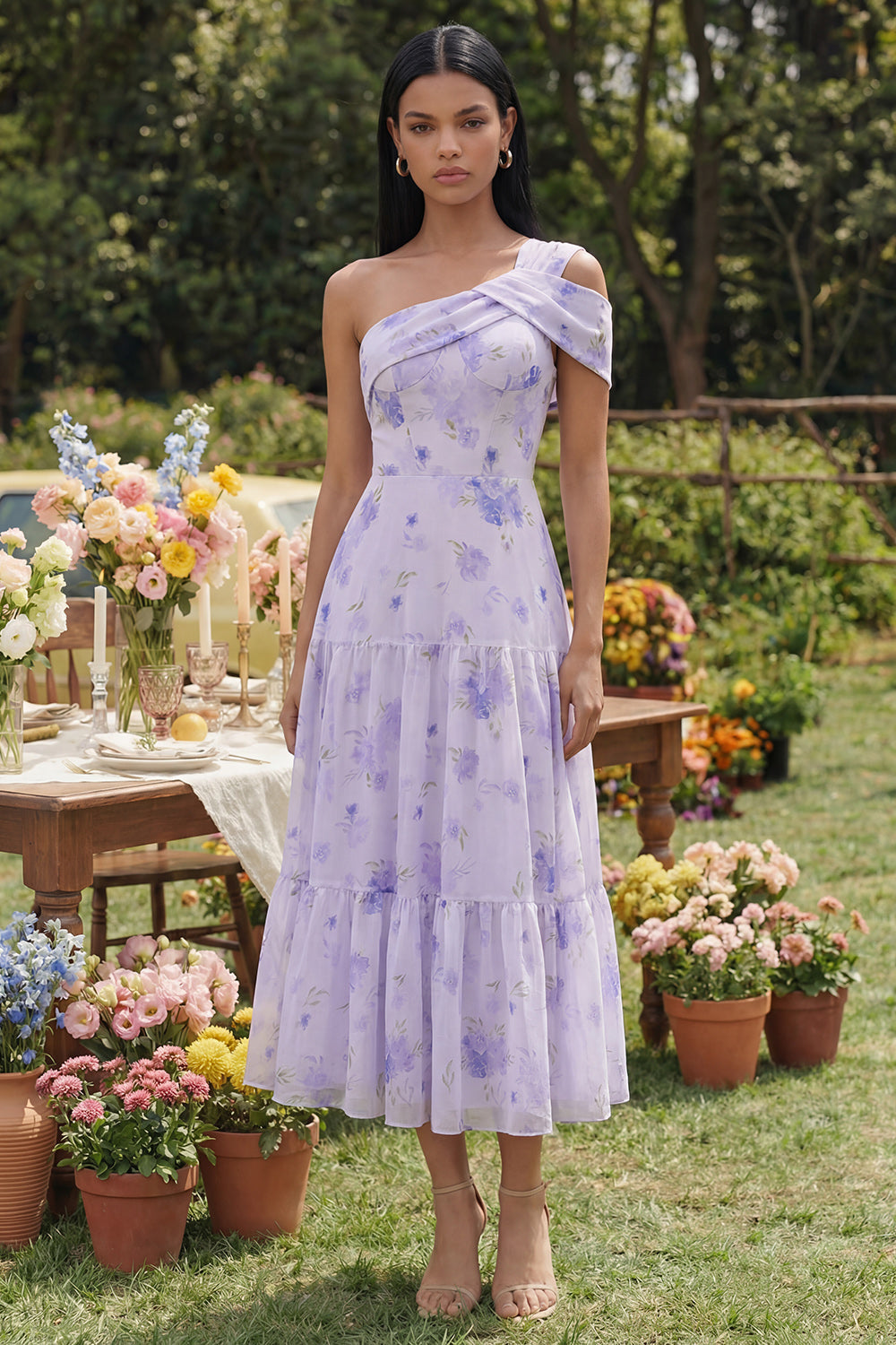 One Shoulder Floral Ruffled Lilac A Line Wedding Guest Dress