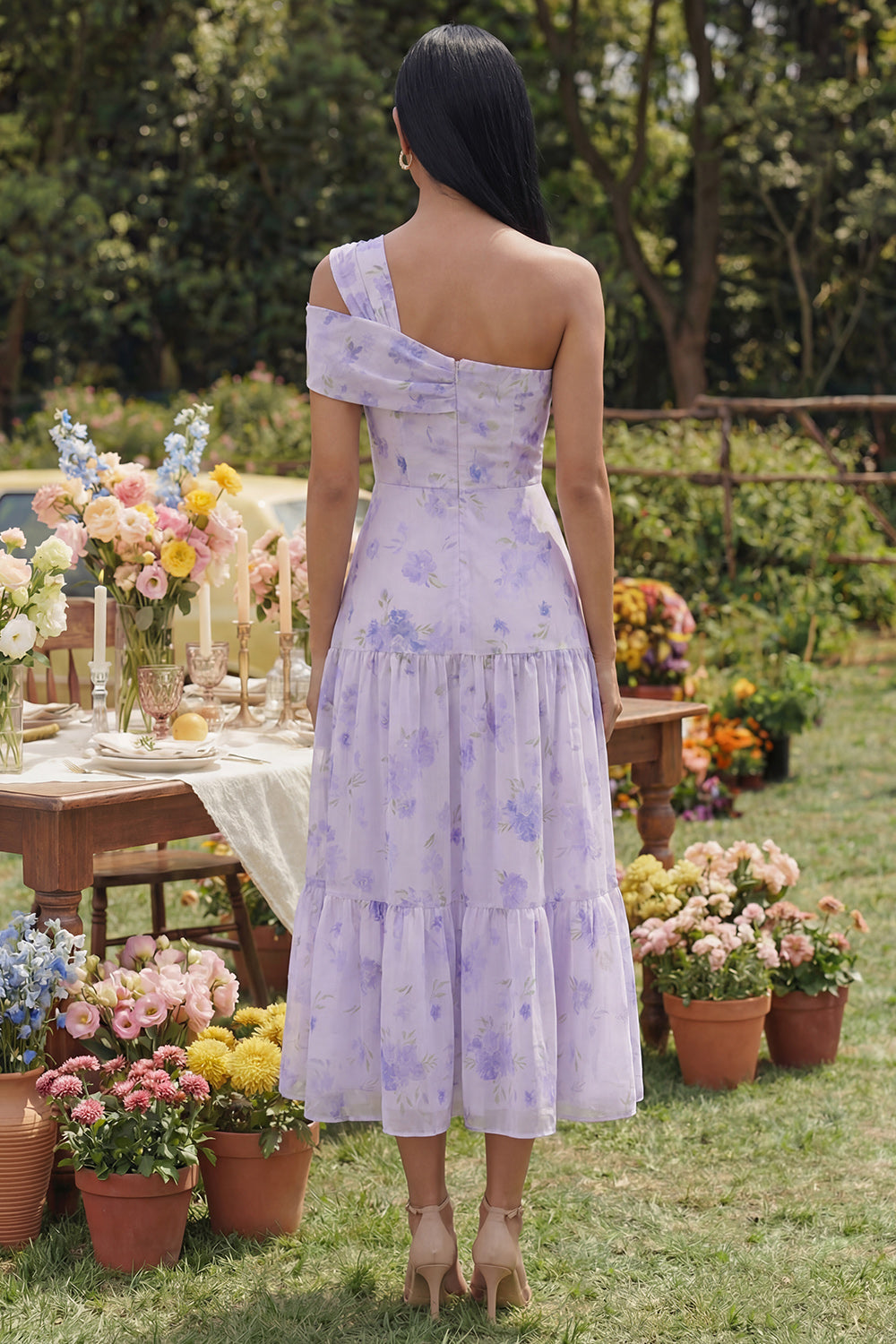 One Shoulder Floral Ruffled Lilac A Line Wedding Guest Dress