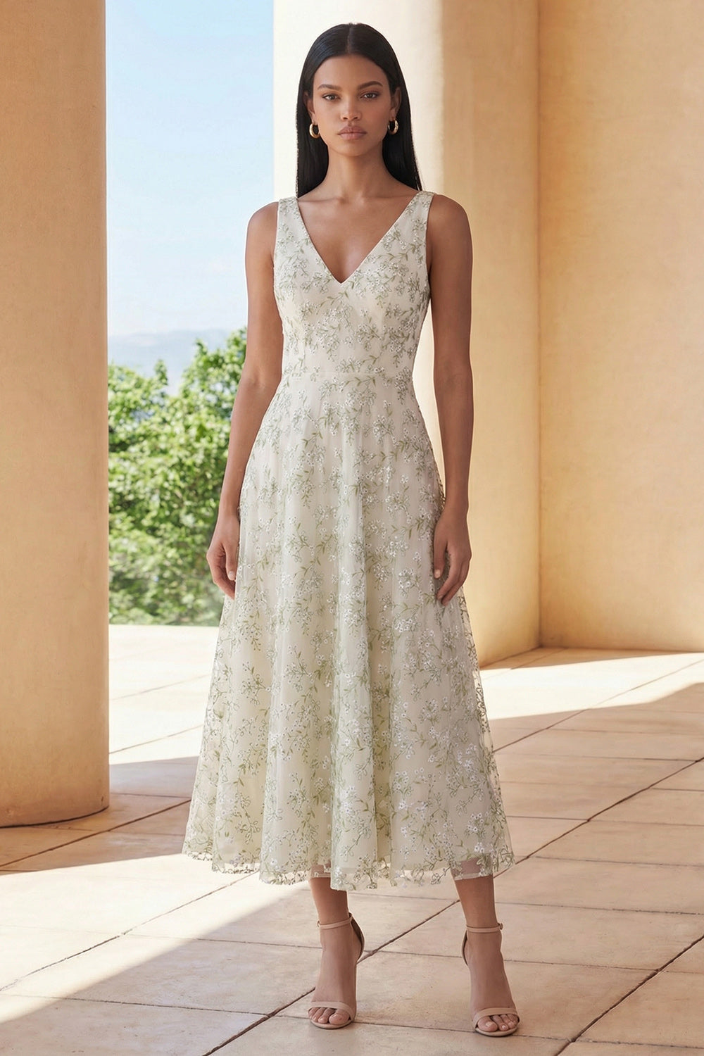 Floral Light Green A Line V Neck Wedding Guest Dress