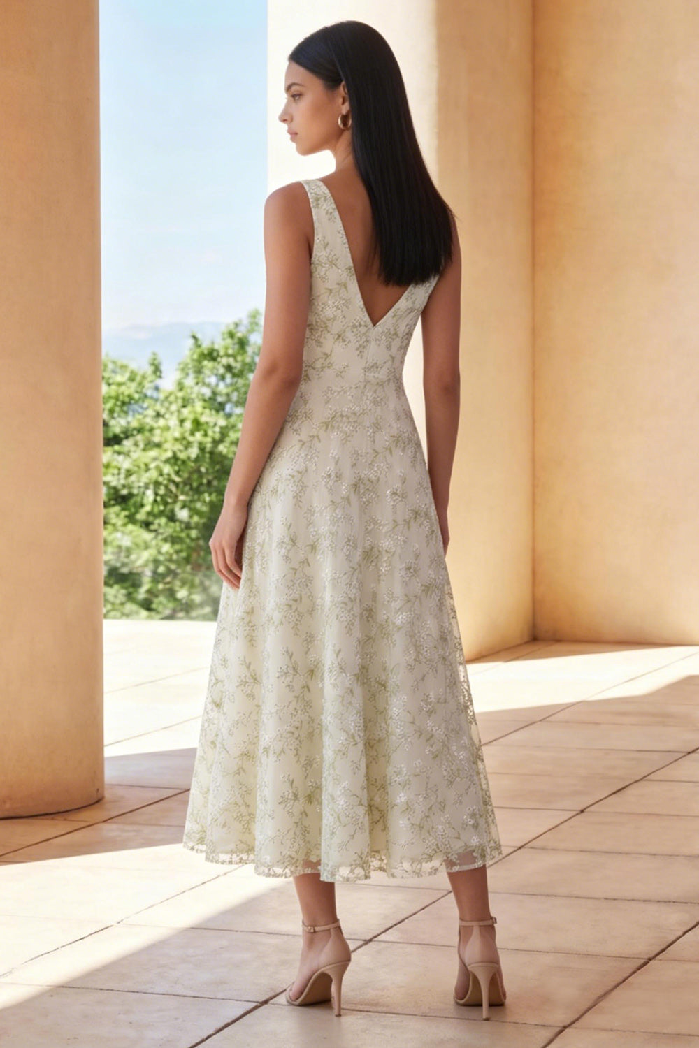 Floral Light Green A Line V Neck Wedding Guest Dress