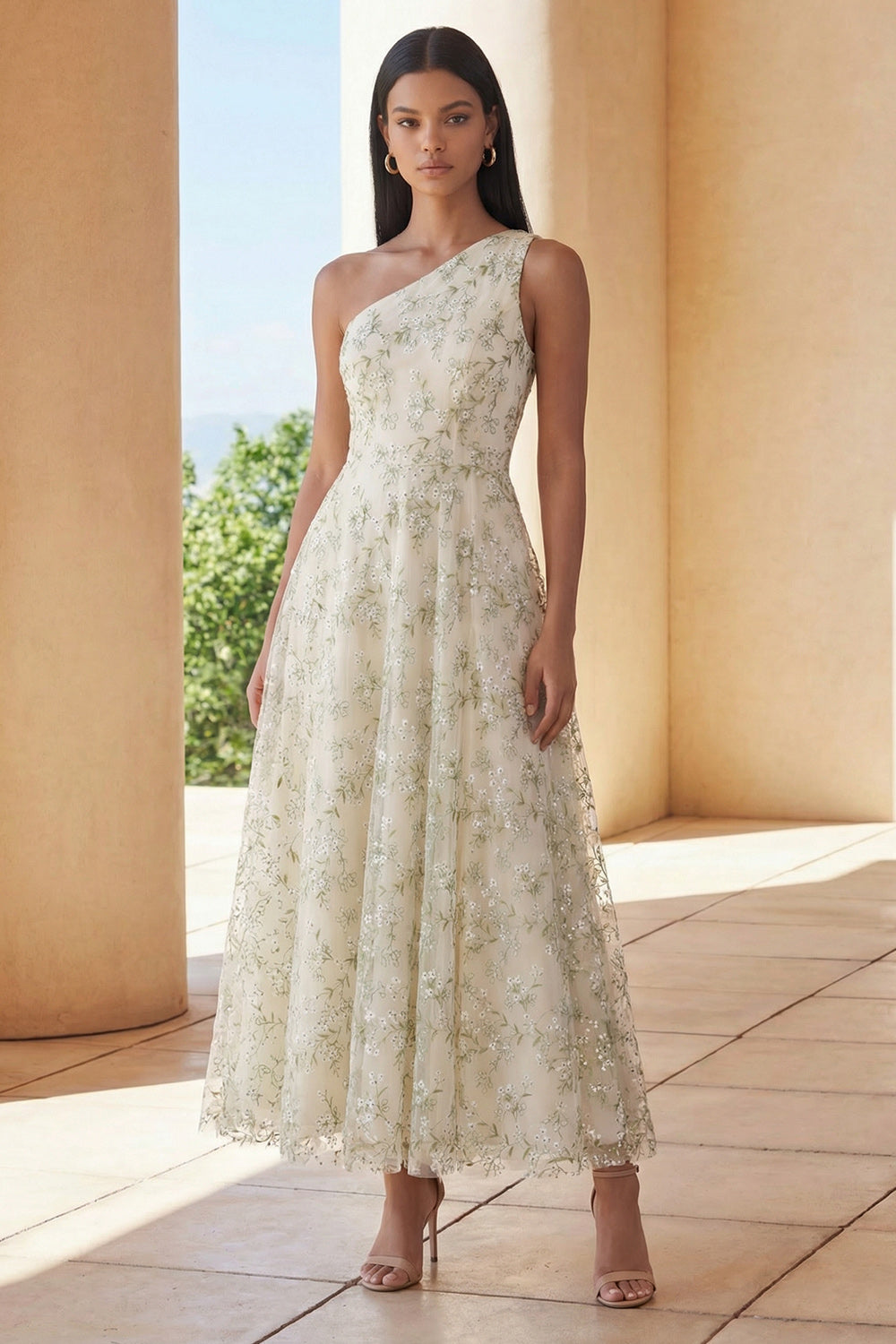 Floral One Shoulder Light Green A Line Wedding Guest Dress