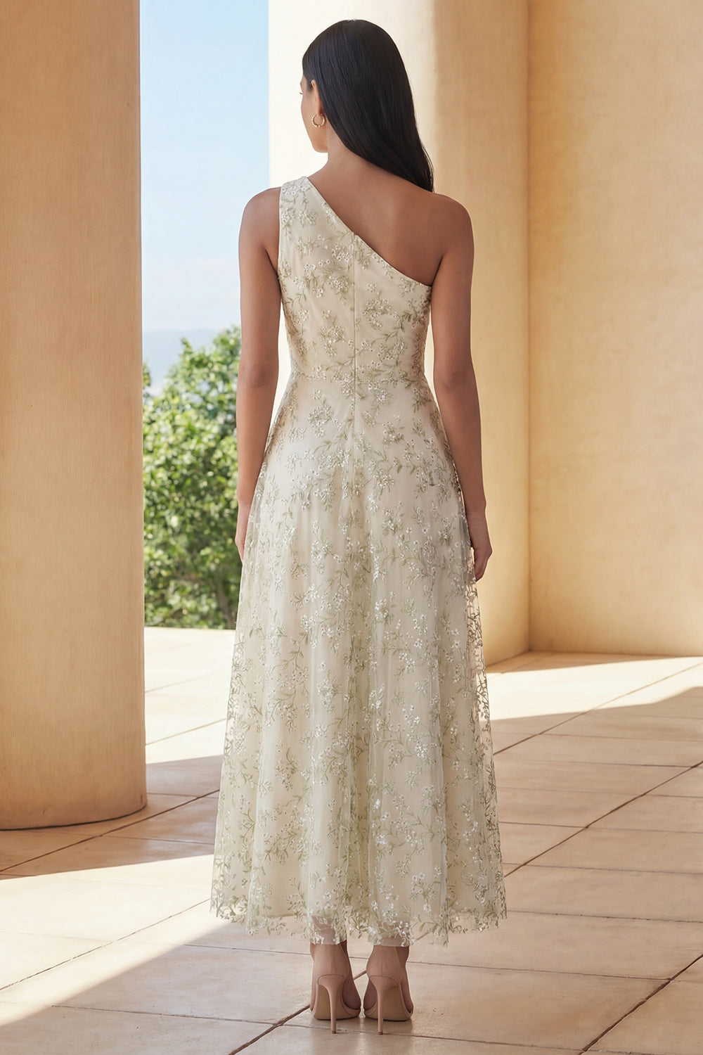 Floral One Shoulder Light Green A Line Wedding Guest Dress