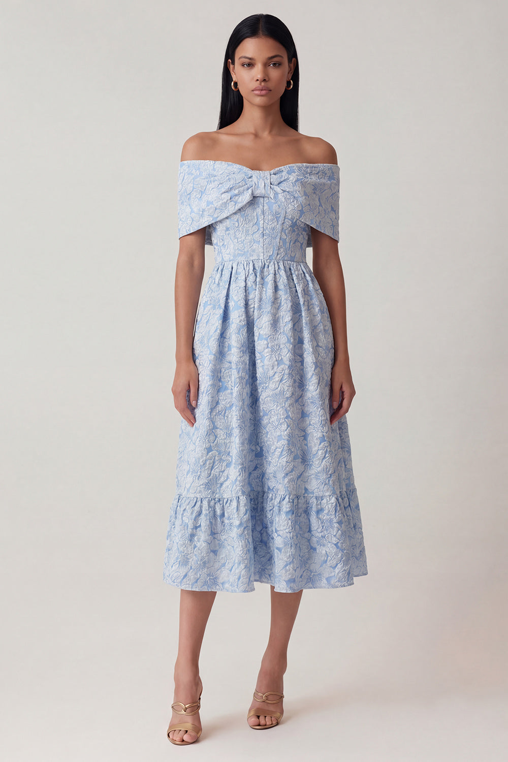 Off the Shoulder Blue Floral A Line Midi Wedding Guest Dress
