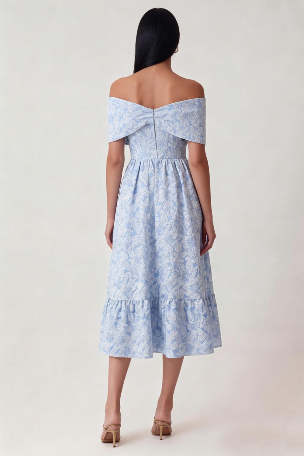 Off the Shoulder Blue Floral A Line Midi Wedding Guest Dress
