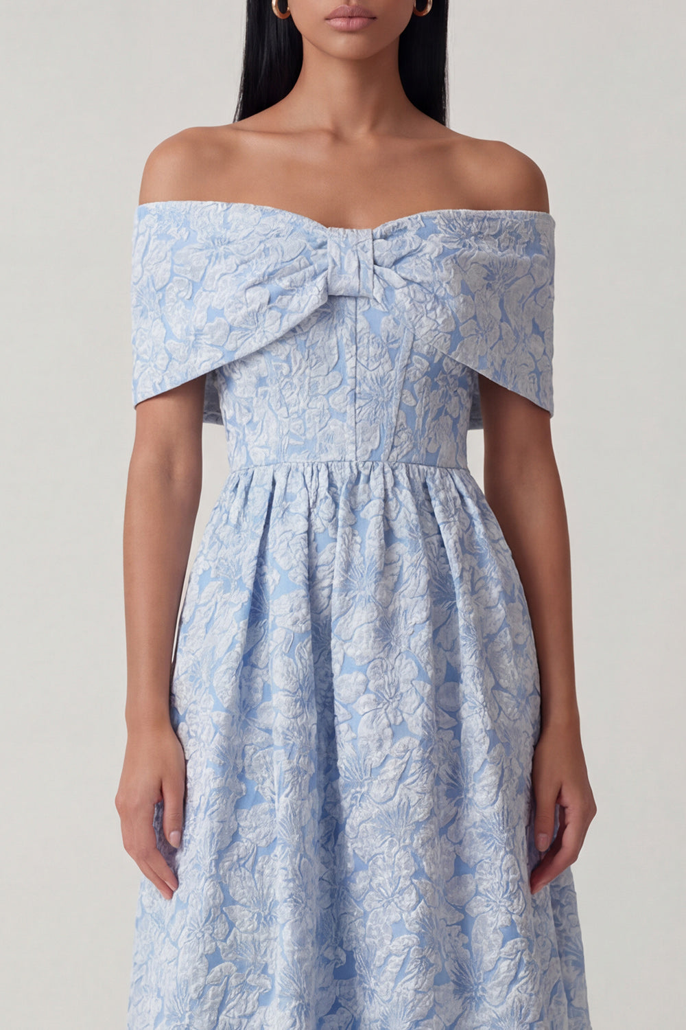 Off the Shoulder Blue Floral A Line Midi Wedding Guest Dress