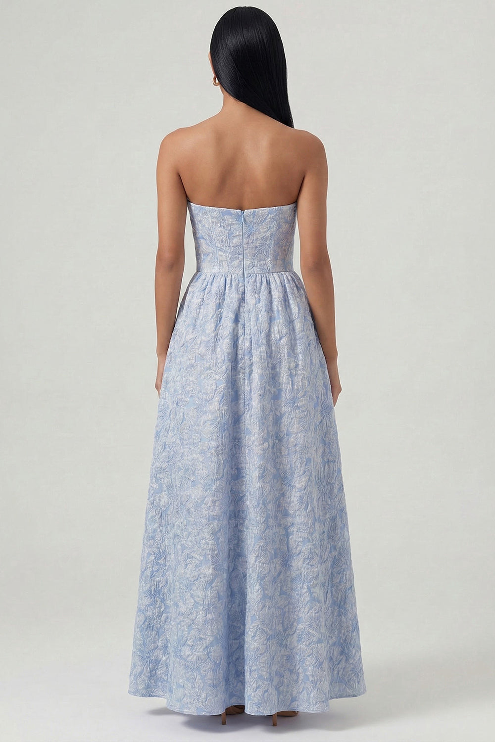 Strapless Floral Blue A Line Maxi Wedding Guest Dress