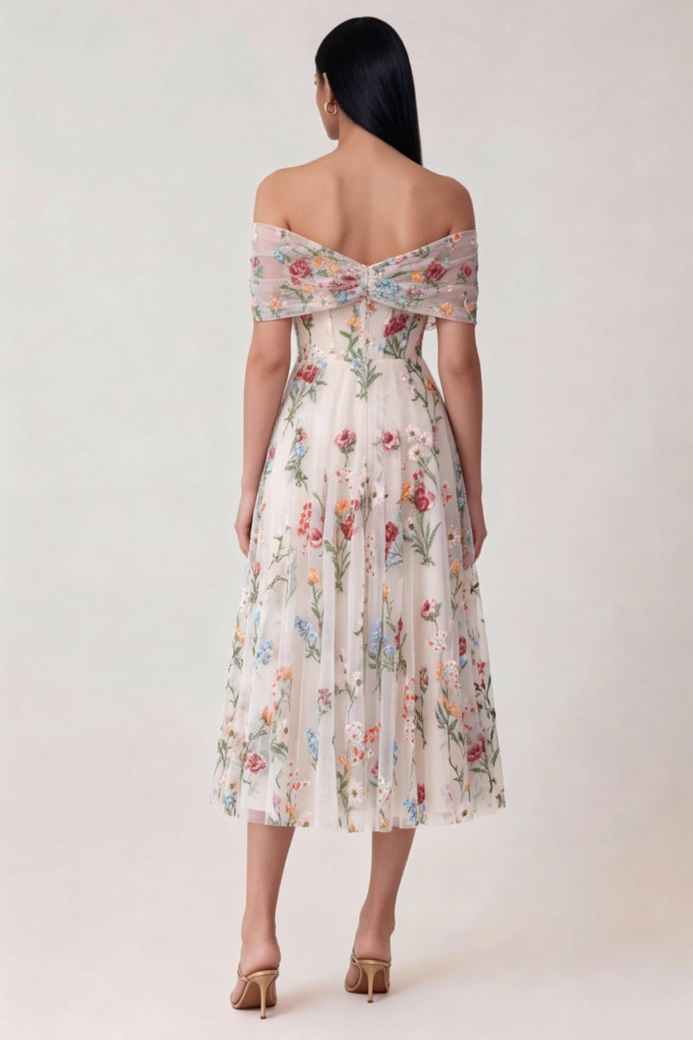 Black Off the Shoulder Floral Embroidered Wedding Guest Dress
