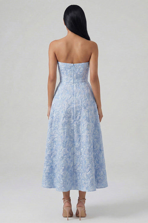 Blue Strapless Floral A Line Wedding Guest Dress