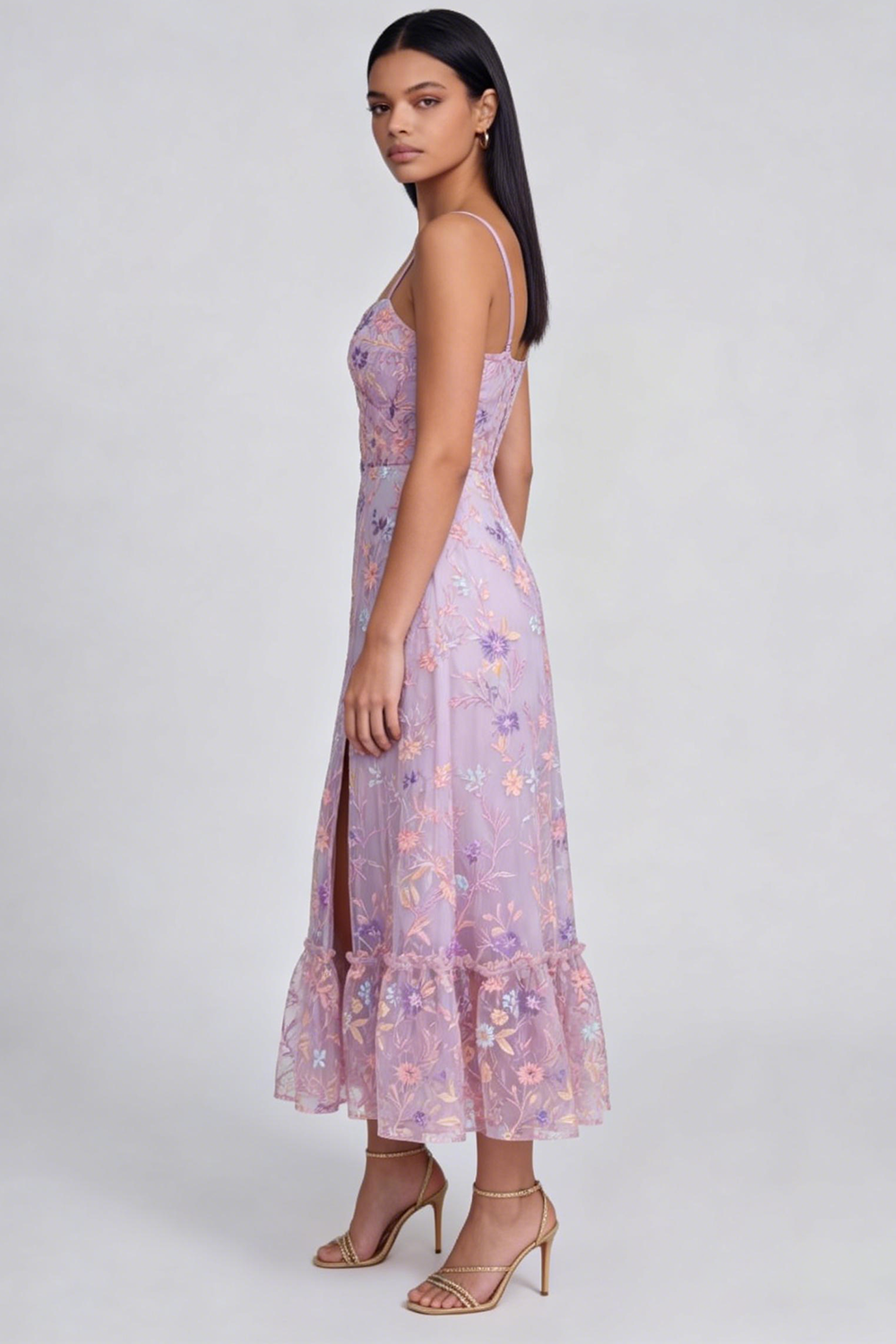 Floral Lilac A Line Ruffled Wedding Guest Dress