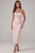 Pink Strapless Floral Sequin Corset Bodycon Wedding Guest Dress