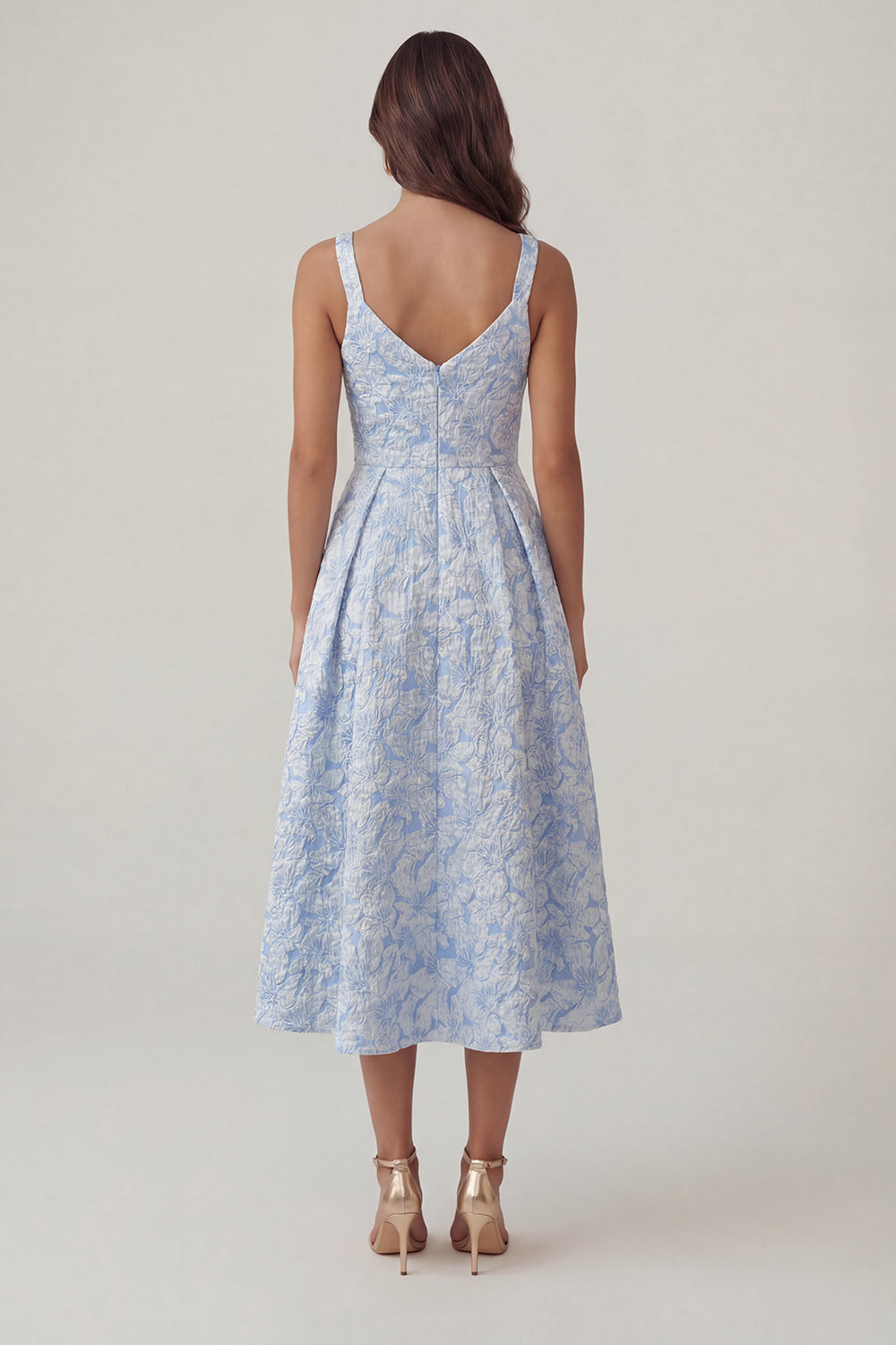 Blue Floral A Line Ruched Midi Wedding Guest Dress