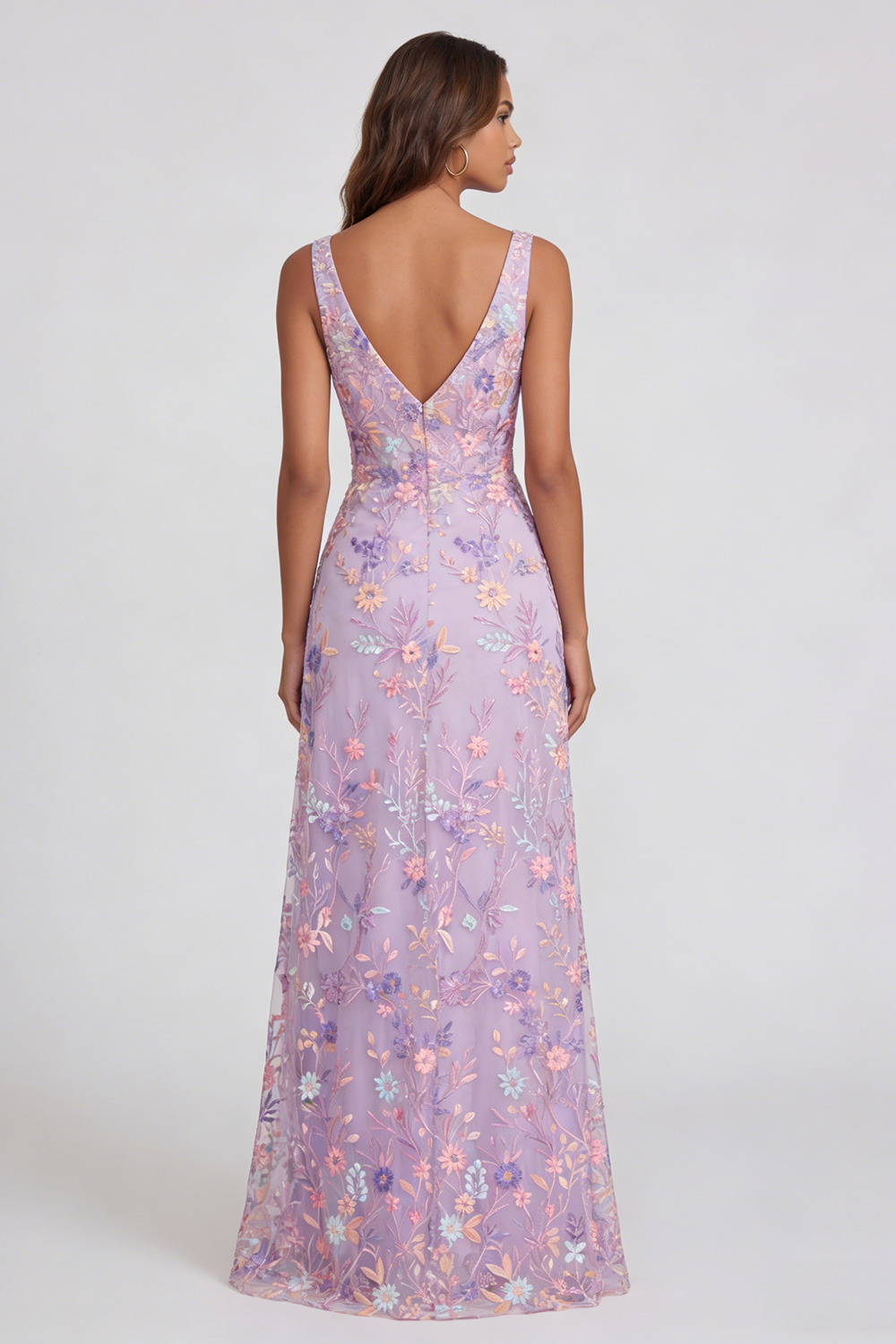 Floral Lilac A Line V Neck Maxi Wedding Guest Dress