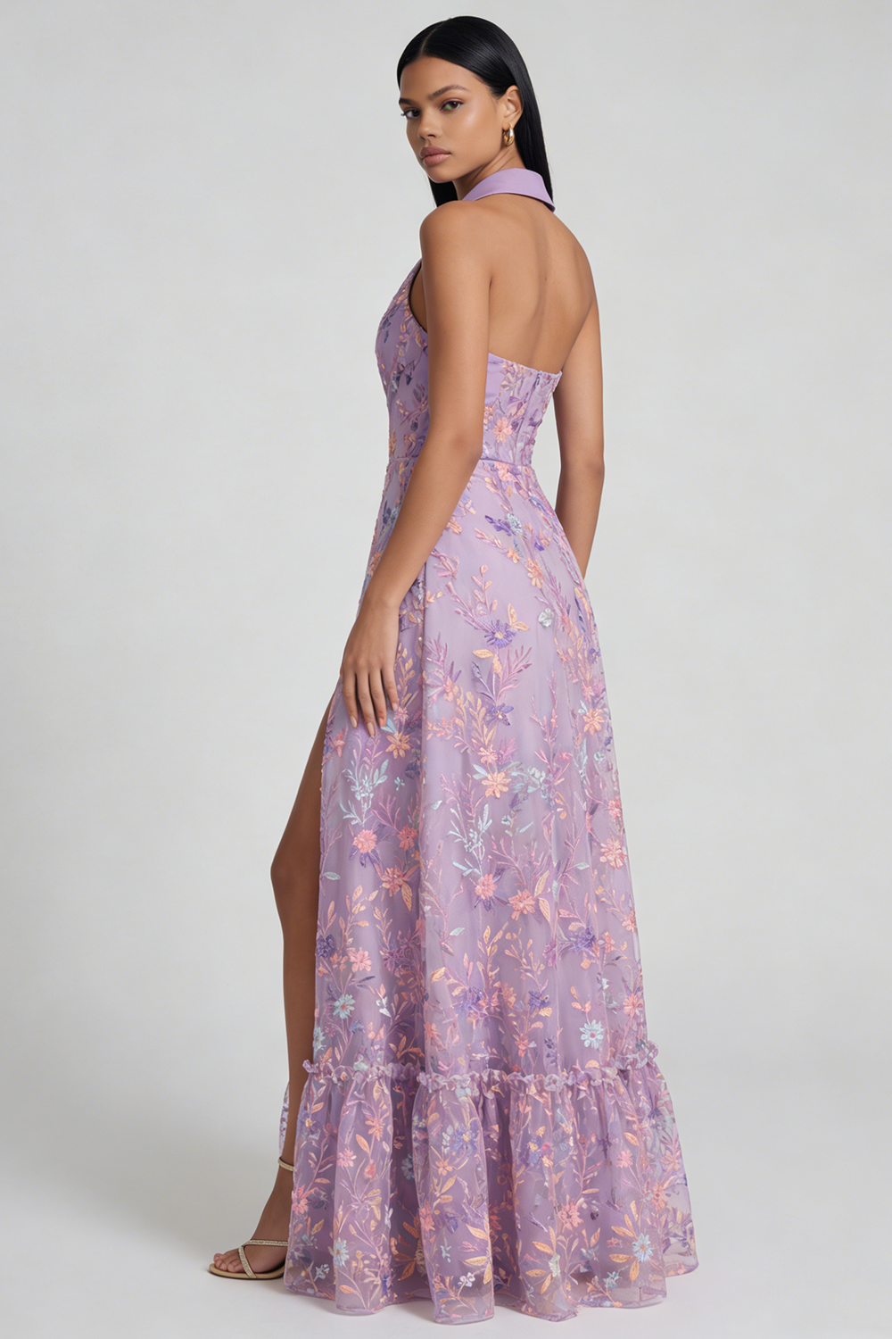 Floral Ruffled Lilac A Line Maxi Wedding Guest Dress