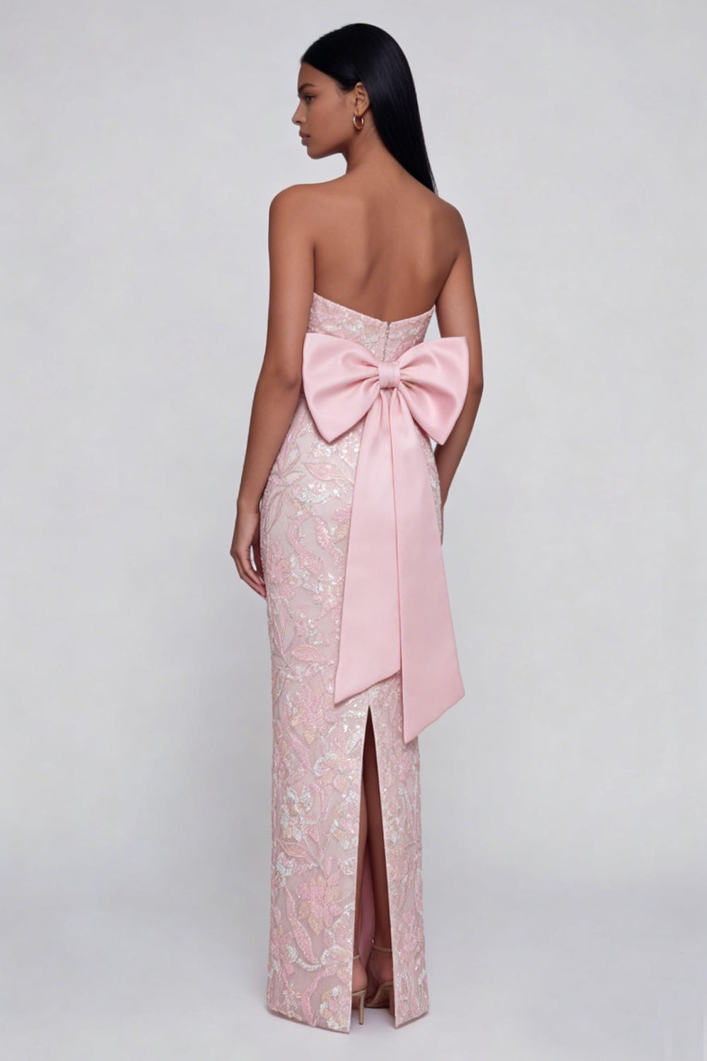 Floral Pink Strapless Bowed Wedding Guest Dress