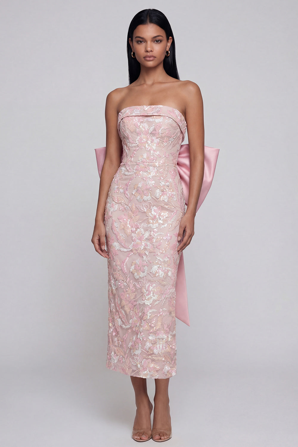 Sparkly Pink Strapless Floral Wedding Guest Dress with Bow