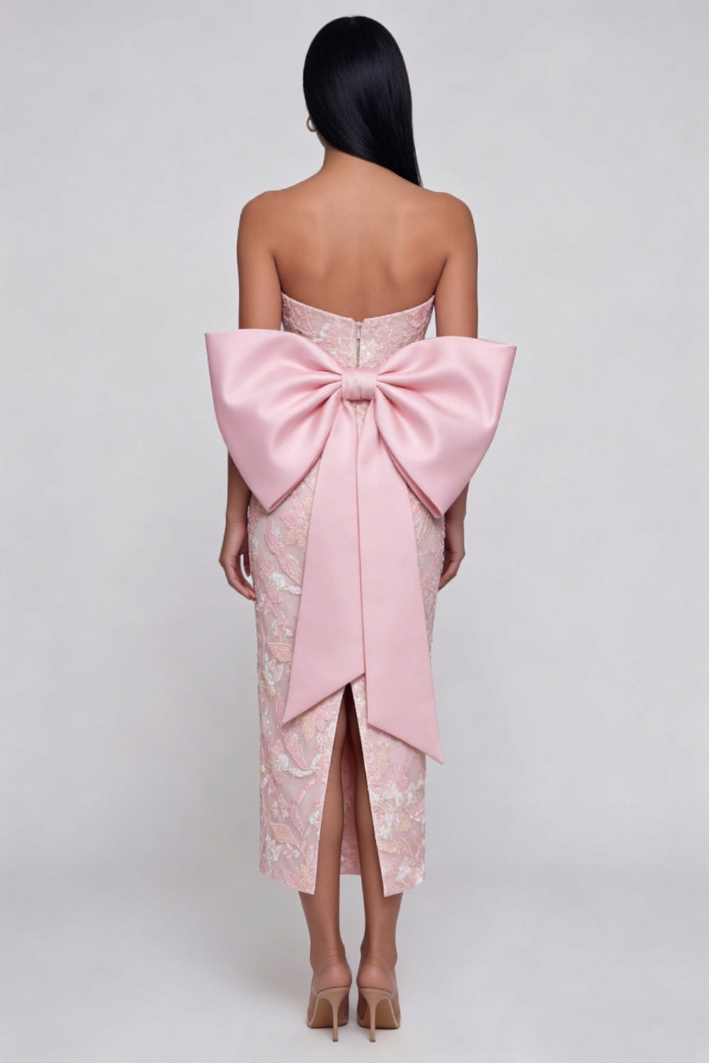 Sparkly Pink Strapless Floral Wedding Guest Dress with Bow