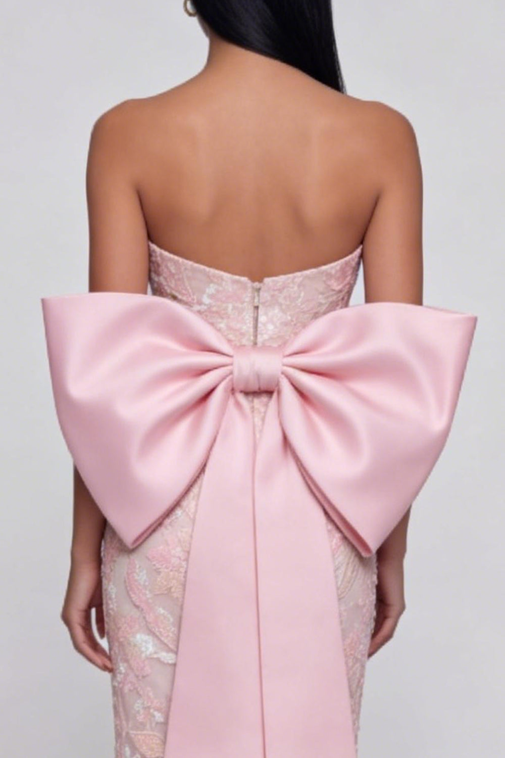 Sparkly Pink Strapless Floral Wedding Guest Dress with Bow