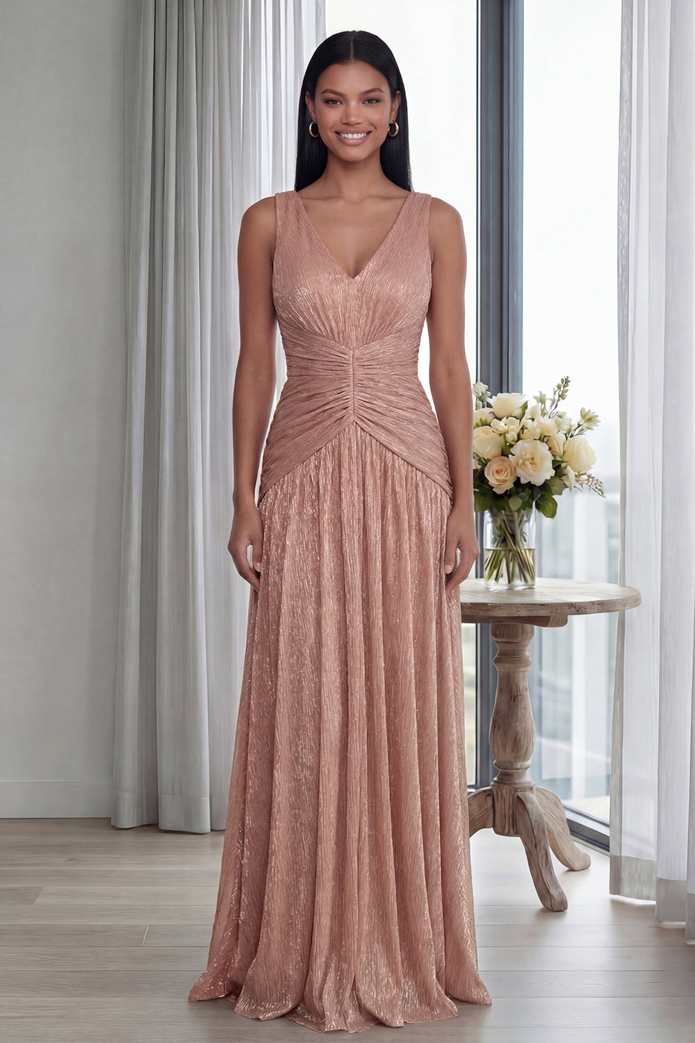Ruched Dusty Rose A Line V Neck Formal Dress
