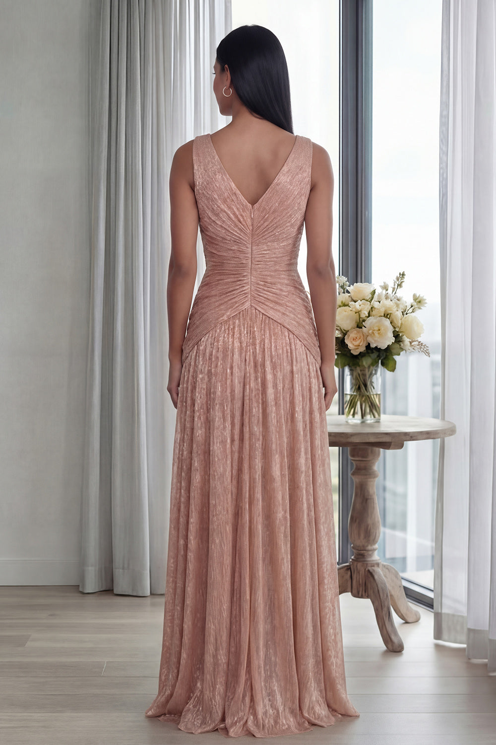 Ruched Dusty Rose A Line V Neck Formal Dress