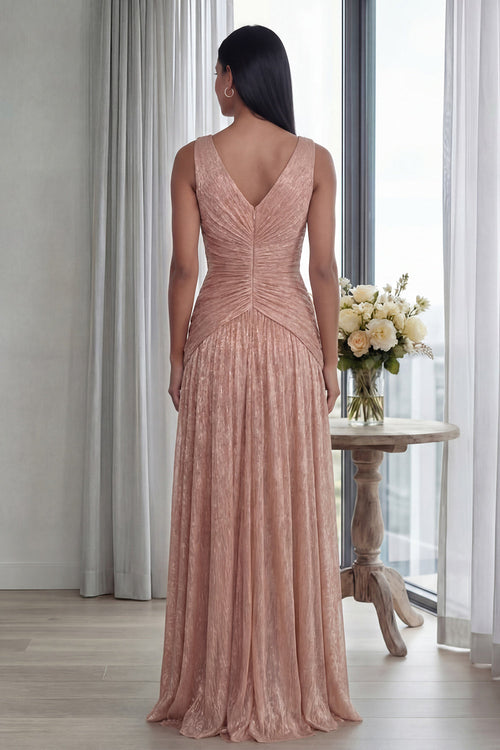 Ruched Dusty Rose A Line V Neck Formal Dress