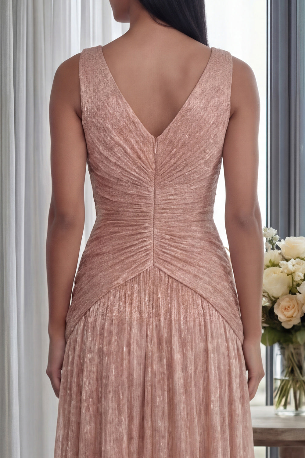 Ruched Dusty Rose A Line V Neck Formal Dress